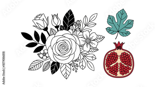 Illustration of a rose bouquet and pomegranate with leaves, a still life arrangement, digital art, front view