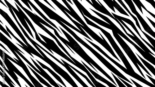 Dynamic black and white zebra pattern illustration showcasing stripes, texture, and abstract design elements from a close-up viewpoint