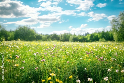 Blooming wildflower meadow under a bright blue sky in springtime