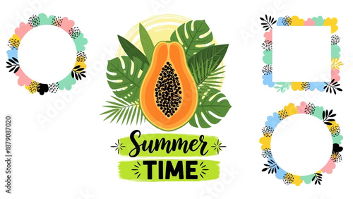 Summer themed illustration with papaya and tropical leaves surrounded by colorful frames