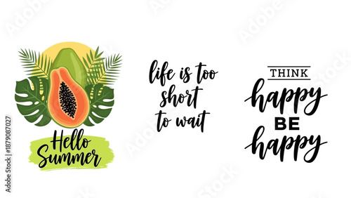 Vibrant summer illustration with tropical leaves and motivational quotes showcasing happiness and positivity in a digital artwork