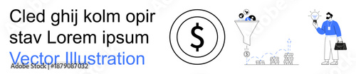 Financial analysis, data filtration, business management, lead generation, marketing strategies, digital economy. Icon of funnel filtering data into currency. Financial analysis and data filtration