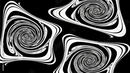 Three spiral shapes swirling in a dynamic abstract design on a black background from a direct viewpoint