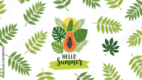 Vibrant summer illustration featuring papaya and tropical leaves on a white background, symbolizing hello summer