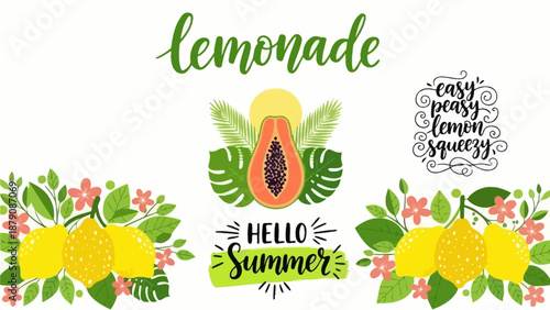 Vibrant illustration of lemons and tropical leaves with summer greeting card design elements
