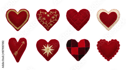 Red velvet heart set including embroidered, quilted, plaid, and scalloped designs isolated. Valentine's day craft and holiday decoration collection.