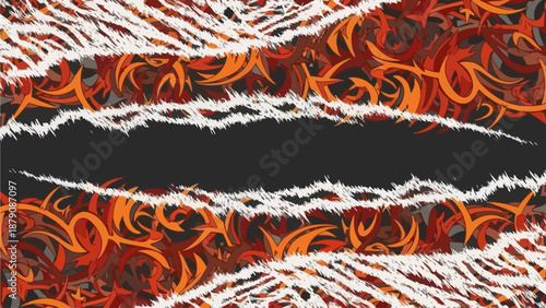 Vibrant tiger stripes illustration with fiery patterns and dynamic swirls in a graphic design
