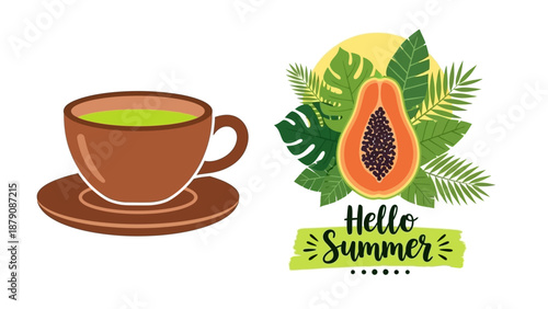 A vibrant illustration of a papaya and tea cup with Hello Summer text surrounded by lush green leaves