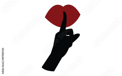 Silhouette of red lips receiving a finger gesture commanding silence or secrecy against a white background
