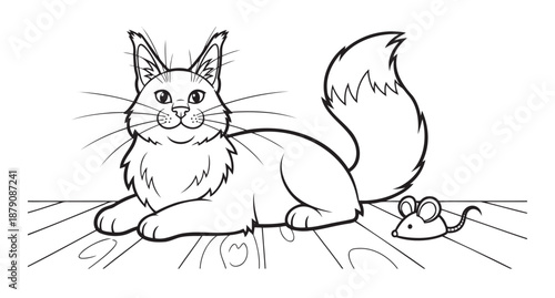 Maine Coon cat, relaxed, lying with a mouse, coloring book 