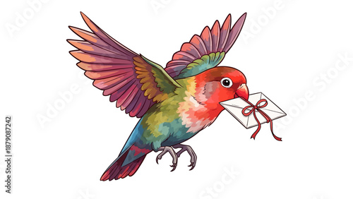 Multicolored parrot in mid-flight carries a gift with red ribbon tied around it