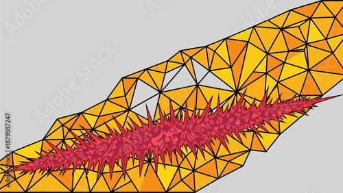 Geometric vector illustration of a red cluster within a vibrant orange polygonal structure viewed from a 45-degree angle