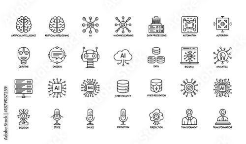 AI driven technology line icon vector set with editable strokes