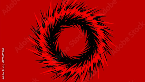 Dynamic illustration of a black spiral vortex on a red background, viewed from directly above, showcasing abstract motion