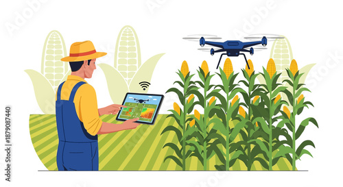 Modern agriculture: Farmer using drone technology to monitor and improve corn crop yields for