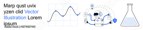 Data analytics, artificial intelligence, scientific research, robotics, innovation, laboratory experiments. A graph, a robot with icons and a flask. Data analytics and AI technology