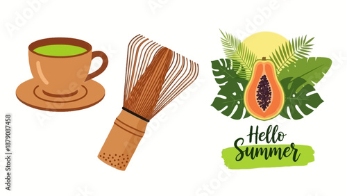 Summer illustration featuring papaya, coffee, and tropical leaves with 'Hello Summer' text