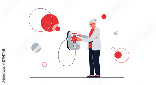 Minimalist illustration of senior woman interacting with modern electronic device and geometric