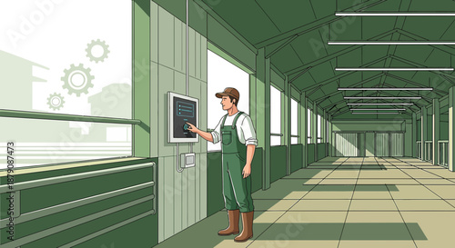 Modern agriculture worker interacts with automated system in green lit warehouse setting