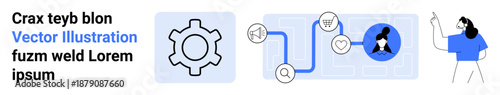 Gear element with icons for analytics, communication, and connections. Person pointing to interactive flow diagram. Ideal for teamwork, analytics, interaction, technology workflow, UIUX education