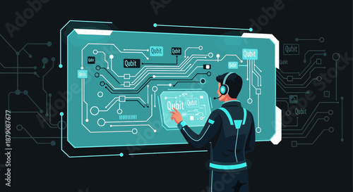 Quantum computing interface visualization with engineer interaction and futuristic technology