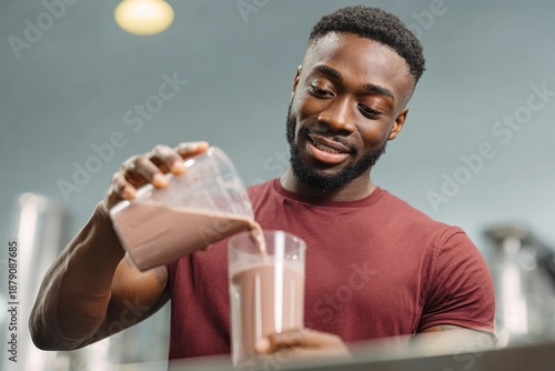 Fit black man pouring protein shake into a glass for a healthy lifestyle