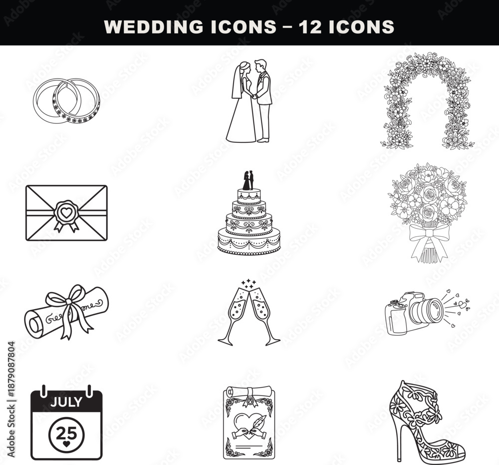 Fototapeta premium Wedding Ceremony Line Icons Set Romantic Event Decoration