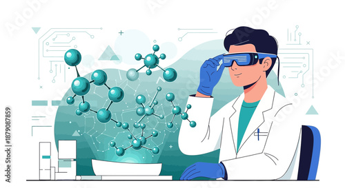Scientist wearing vr goggles analyzing molecular structure in laboratory setting with advanced