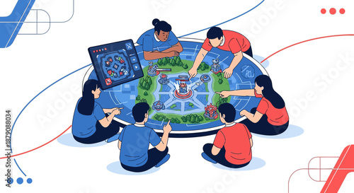 Strategic planning session for a multiplayer online battle arena game with teamwork and tactics