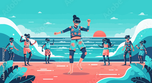 Virtual reality beach party: People enjoying immersive gaming experience on tropical shore