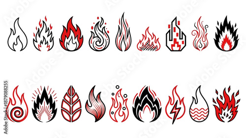 Stylized Flame Vector Icons Set – Black and Red Fire Symbols, Torch Element, Minimalist Fire Motifs for Branding, Illustration, UI, Logo, and Graphic Design