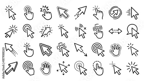 Cursor and Gesture Vector Icon Set – Black and White Line Art for UI Design, Click, Drag, Zoom, Interaction Symbols, Web and App Interfaces