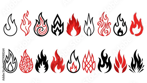Stylized Flame Vector Icons Set – Black and Red Fire Symbols, Torch Element, Minimalist Fire Motifs for Branding, Illustration, UI, Logo, and Graphic Design