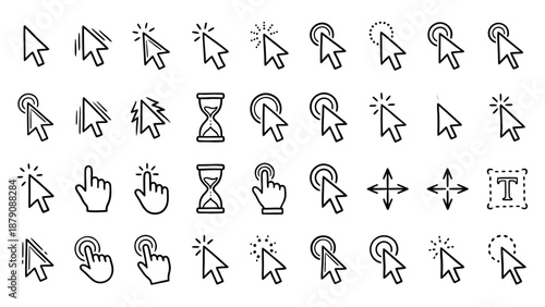 Cursor and Gesture Vector Icon Set – Black and White Line Art for UI Design, Click, Drag, Zoom, Interaction Symbols, Web and App Interfaces