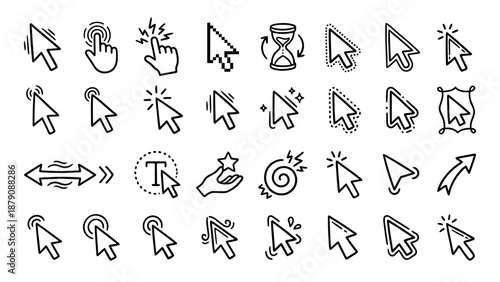 Cursor and Gesture Vector Icon Set – Black and White Line Art for UI Design, Click, Drag, Zoom, Interaction Symbols, Web and App Interfaces