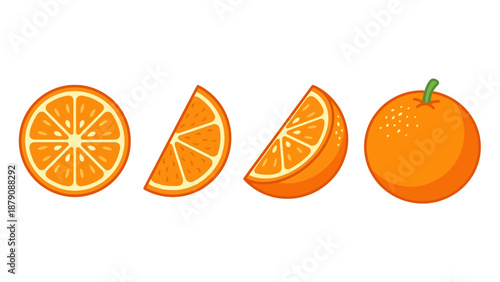 Orange Slice Vector Illustration Set – Whole, Half, Quarter, Cross-Section Views with Leaf for Fruit Anatomy, Nutrition, Food Education, and Citrus Design Use