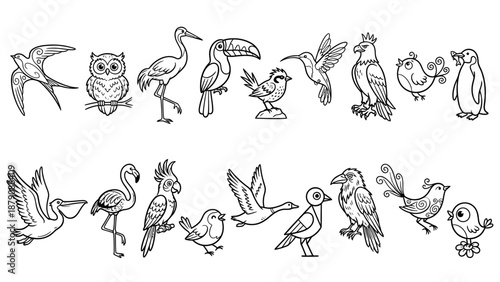 Stylized Bird Vector Icon Set – Black and White Line Art of Diverse Species for Avian Education, Coloring, Nature Design, Wildlife, and Ornithology Use