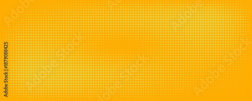 Yellow halftone pattern. Retro comic gradient background. Bright orange pixelated dotted texture overlay. Cartoon pop art faded gradient pattern. Vector backdrop for poster, banner, advertisement