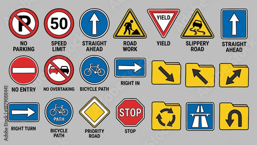 Road Sign Vector Icon Set – Regulatory, Warning, Informational Traffic Symbols for Driving Safety, Navigation, Urban Mobility, Transport Education, and Highway Design