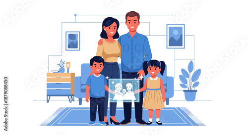 A modern family displaying their family portrait in a contemporary living room setting with a