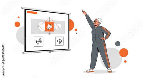 Active senior attending online fitness presentation at home keeps healthy and fit