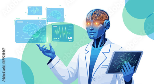 Advanced ai medical professional analyzing brain data with digital interface tools