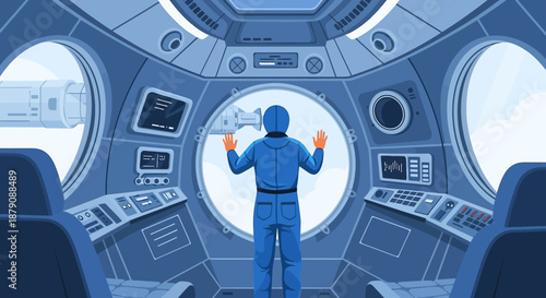 An astronaut in a spaceship looking out the window at a beautiful scene during a long voyage