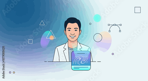 Cartoon representation of a doctor with digital tablet showcasing fingerprint security interface