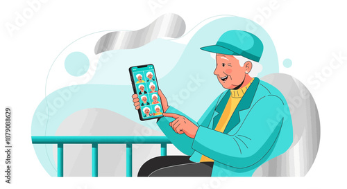 Cheerful elderly person enjoying a video call with family on a modern smartphone device