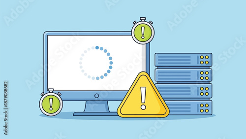 Warning Alert For Computer System Error With Loading Screen And Server Rack In Data Center