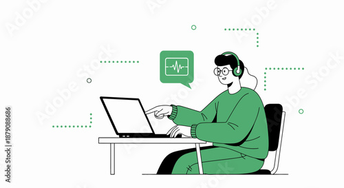 Digital communication artist at desk with computer audio analysis and editing project