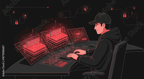 Cybersecurity specialist working on firewall security measures in a virtual environment