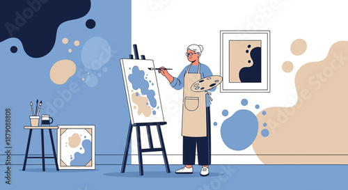 Elderly woman painting abstract art at home, creative passion during retirement years using