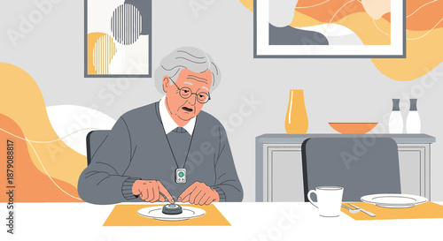 Elderly woman pressing medical alert button for assistance in a well designed dining space